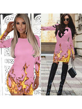 New Pink Print Round Neck Long Sleeve Going out Mini Dresses