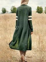 New Green-White Striped Pockets Long Sleeve Casual Knit Cardigan Coat