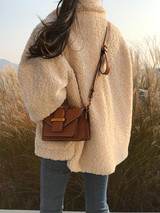 New Beige Fur Single Breasted Turndown Collar Long Sleeve Casual Coat