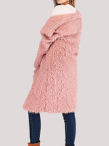 New Pink Faux Fur Turndown Collar Long Sleeve Oversize Coat