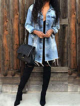 New Light Blue Distressed Buttons Pockets Long Sleeve Casual Denim Jacket