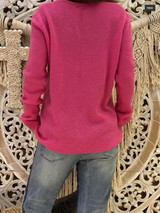 New Rose Carmine Plain Long Sleeve V-neck Going out Pullover Sweater