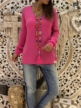 New Rose Carmine Plain Long Sleeve V-neck Going out Pullover Sweater