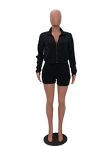 New Black Zipper Drawstring Long Sleeve Turndown Collar Casual Jumpsuit Pants