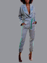 New Grey Striped Patchwork Pockets Long Sleeve Elastic Waist Two Piece Streetwear Jumpsuit Pants
