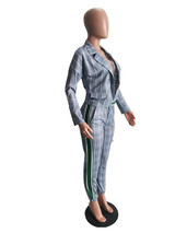 New Grey Striped Patchwork Pockets Long Sleeve Elastic Waist Two Piece Streetwear Jumpsuit Pants