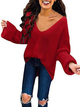 New Red V-neck Long Sleeve Going out Casual Pullover Sweater
