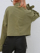 New Green Drawstring Pockets Band Collar Casual Long Sleeve Fashion Jacket Coat