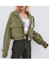 New Green Drawstring Pockets Band Collar Casual Long Sleeve Fashion Jacket Coat