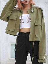 New Green Drawstring Pockets Band Collar Casual Long Sleeve Fashion Jacket Coat