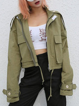 New Green Drawstring Pockets Band Collar Casual Long Sleeve Fashion Jacket Coat