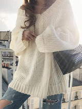 New White V-neck Long Sleeve Oversized Casual Pullover Sweater