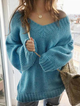 New Blue V-neck Long Sleeve Oversized Casual Pullover Sweater