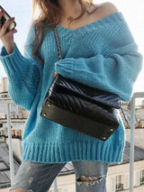 New Blue V-neck Long Sleeve Oversized Casual Pullover Sweater
