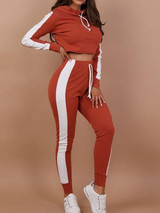 New Orange Patchwork Print Long Sleeve High Waisted Casual Long Jumpsuit
