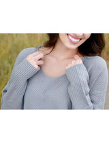 New Grey Slit V-neck Long Sleeve Casual Oversize Pullover Sweater