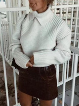 New White Irregular High Neck Long Sleeve Fashion Pullover Sweater