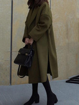 New Green Pockets Side Slit Turndown Collar Long Sleeve Going out Outerwear