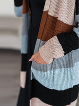 New Black Striped Print Pockets V-neck Long Sleeve Oversized Casual Cardigan
