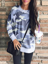 New Navy Blue Camouflage Long Sleeve Round Neck Casual Sweatshirt