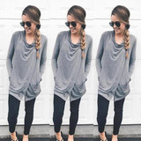 New Grey Pockets Irregular Long Sleeve Fashion T-Shirt