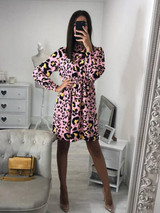 New Pink Leopard Print Band Collar Long Sleeve Fashion Mini Dress New Pink Leopard Print Band Collar Long Sleeve Fashion Mini Dress