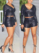 New Black Patchwork Sequin Two Piece Deep V-neck Long Sleeve Clubwear Short Jumpsuit