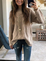 New Khaki Cut Out Round Neck Long Sleeve Casual Sweater