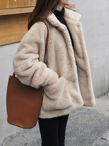 New Apricot Fur Pockets Single Breasted Turndown Collar Long Sleeve Casual Coat