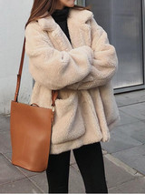 New Apricot Fur Pockets Single Breasted Turndown Collar Long Sleeve Casual Coat