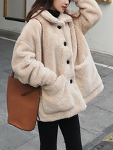 New Apricot Fur Pockets Single Breasted Turndown Collar Long Sleeve Casual Coat