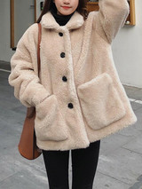 New Apricot Fur Pockets Single Breasted Turndown Collar Long Sleeve Casual Coat