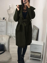 New Army Green Pockets Sashes Hooded Long Sleeve Casual Coat
