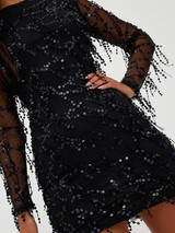 Black Patchwork Grenadine Sequin Tassel Bodycon Long Sleeve Clubwear Party Mini Dress
