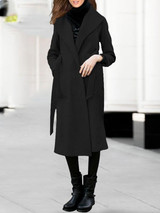 Black Pockets Sashes Turndown Collar Long Sleeve Fashion Coat