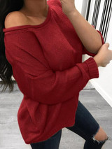 Burgundy One Off Shoulder Long Sleeve Casual Sweaters Pullover
