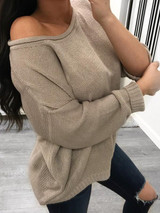Khaki One Off Shoulder Long Sleeve Casual Sweaters Pullover