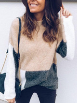 Apricot Patchwork Round Neck Long Sleeve Fashion Pullover Sweater