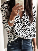 White Black Leopard Print Single Breasted Long Sleeve Blouse