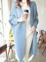 Blue Pockets V-neck Dolman Sleeve Oversize Cardigan Sweater