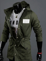 Casual Classical Hooded Drawstring Plain Men Coat With Flap Pocket