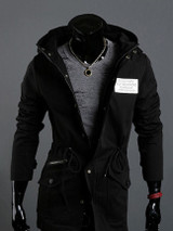 Casual Classical Hooded Drawstring Plain Men Coat With Flap Pocket