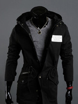 Casual Classical Hooded Drawstring Plain Men Coat With Flap Pocket