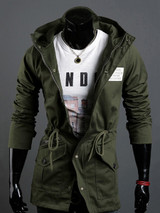 Casual Classical Hooded Drawstring Plain Men Coat With Flap Pocket