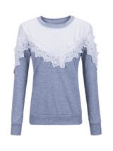 Casual Round Neck Decorative Lace Color Block Sweatshirt