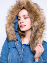 Casual Denim Hooded Drawstring Flap Pocket Light Wash Coat