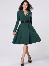 Lapel Belt Plain Swing Trench Coat With Brooch