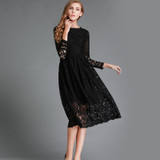 Autumn Summer Dress Women Elegant Sexy Hollow Out Black White Lace Dress Vintage Long A-Line Party Dresses Female