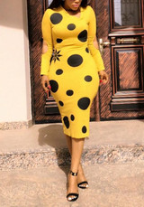 Yellow Polka Dot Cut Out Long Sleeve Clubwear Bodycon Cocktail Party Midi Dresses