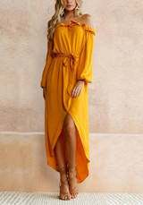 Yellow Irregular Sashes Ruffle Off Shoulder Backless Long Sleeve Party Midi Dress